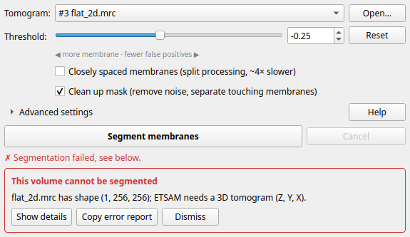 A segmentation error shown in red in the ETSAM ChimeraX panel