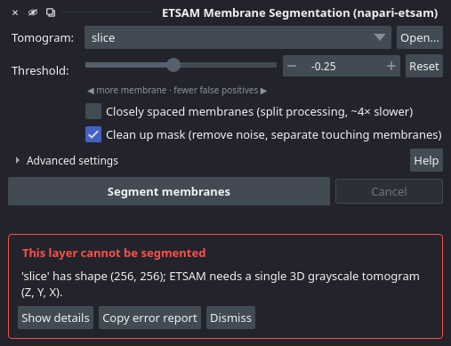 ETSAM error panel in napari